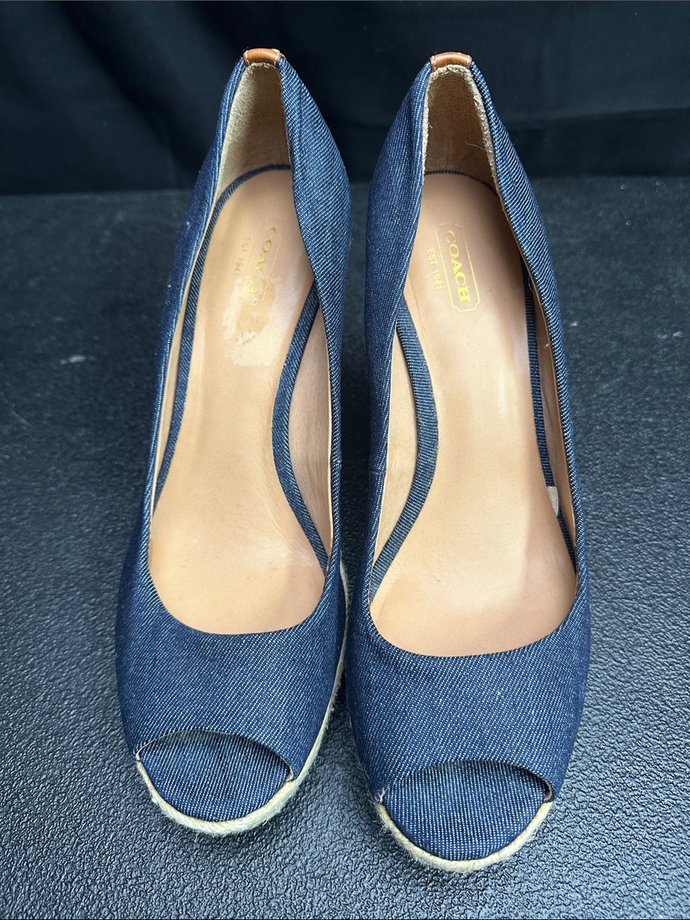 Coach Navy Denim Espadrille Wedges with Tan Leather Trim - Picture 7 of 9
